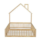 Lit plateforme en bois pleine grandeur en forme de maison avec garde-corps, cadre de lit en bois massif au sol avec tête de lit en forme de maison pour enfants