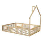 Lit plateforme en bois pleine grandeur en forme de maison avec garde-corps, cadre de lit en bois massif au sol avec tête de lit en forme de maison pour enfants