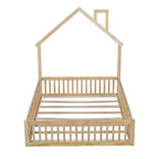 Lit plateforme en bois pleine grandeur en forme de maison avec garde-corps, cadre de lit en bois massif au sol avec tête de lit en forme de maison pour enfants