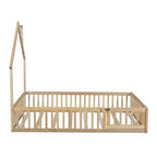 Lit plateforme en bois pleine grandeur en forme de maison avec garde-corps, cadre de lit en bois massif au sol avec tête de lit en forme de maison pour enfants