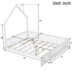 Lit plateforme en bois pleine grandeur en forme de maison avec garde-corps, cadre de lit en bois massif au sol avec tête de lit en forme de maison pour enfants