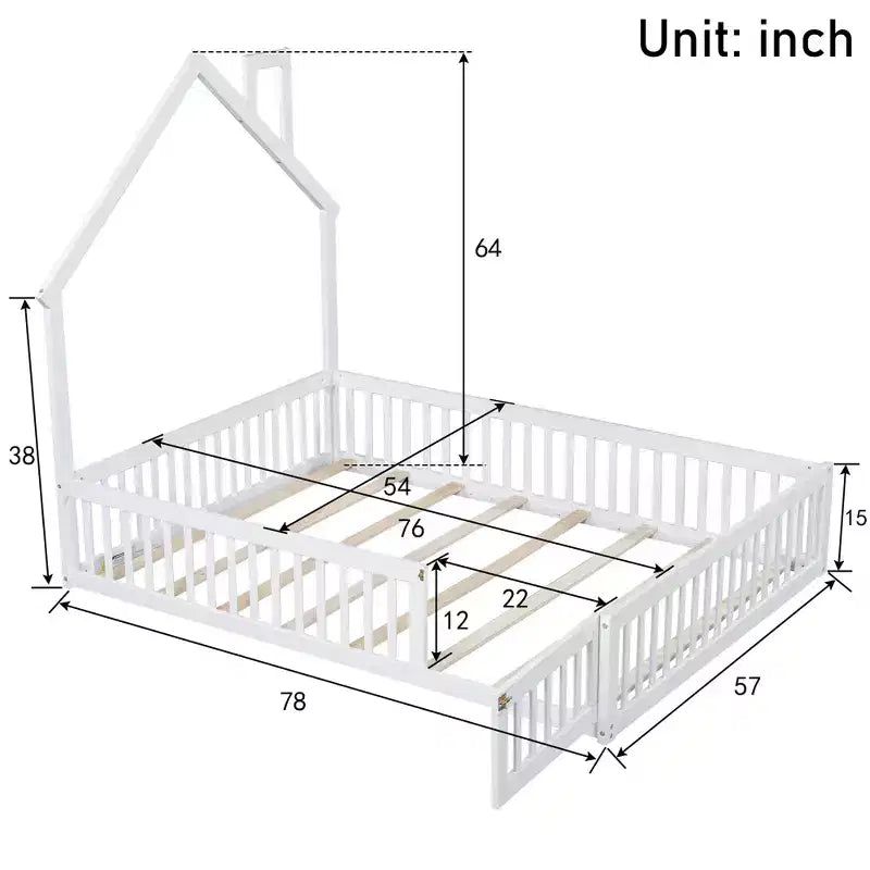 Lit plateforme en bois pleine grandeur en forme de maison avec garde-corps, cadre de lit en bois massif au sol avec tête de lit en forme de maison pour enfants