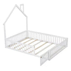 Lit plateforme en bois pleine grandeur en forme de maison avec garde-corps, cadre de lit en bois massif au sol avec tête de lit en forme de maison pour enfants