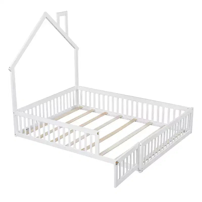 Lit plateforme en bois pleine grandeur en forme de maison avec garde-corps, cadre de lit en bois massif au sol avec tête de lit en forme de maison pour enfants