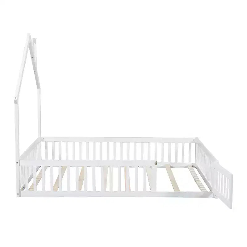 Lit plateforme en bois pleine grandeur en forme de maison avec garde-corps, cadre de lit en bois massif au sol avec tête de lit en forme de maison pour enfants