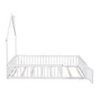 Lit plateforme en bois pleine grandeur en forme de maison avec garde-corps, cadre de lit en bois massif au sol avec tête de lit en forme de maison pour enfants