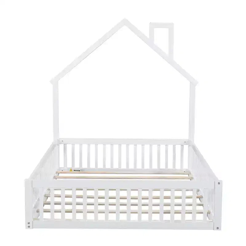 Lit plateforme en bois pleine grandeur en forme de maison avec garde-corps, cadre de lit en bois massif au sol avec tête de lit en forme de maison pour enfants