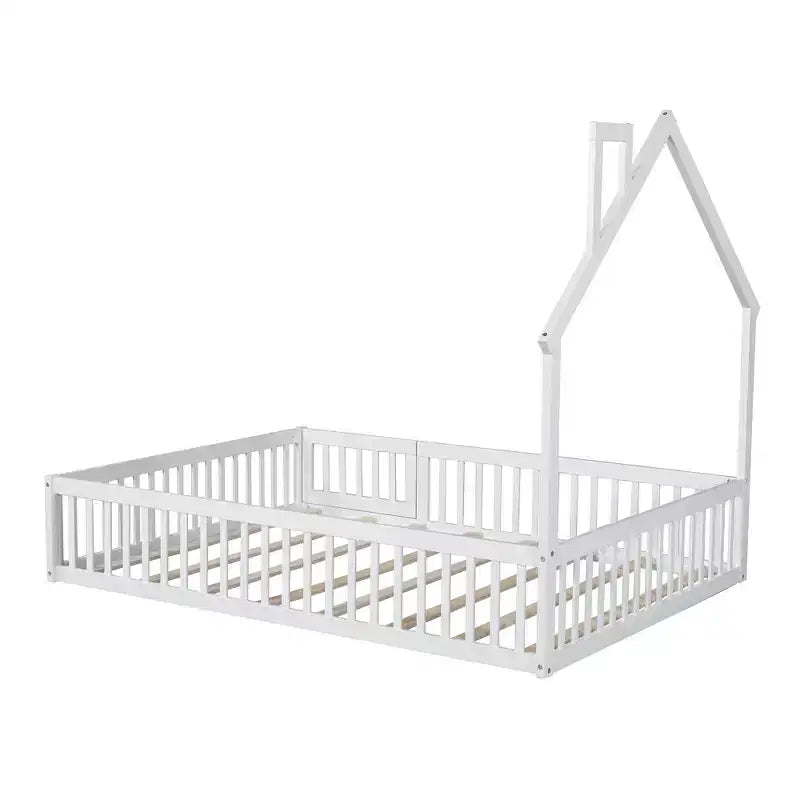 Lit plateforme en bois pleine grandeur en forme de maison avec garde-corps, cadre de lit en bois massif au sol avec tête de lit en forme de maison pour enfants