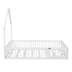 Lit plateforme en bois pleine grandeur en forme de maison avec garde-corps, cadre de lit en bois massif au sol avec tête de lit en forme de maison pour enfants