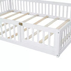 Lit plateforme en bois pleine grandeur en forme de maison avec garde-corps, cadre de lit en bois massif au sol avec tête de lit en forme de maison pour enfants
