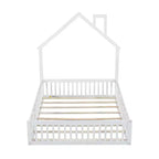 Lit plateforme en bois pleine grandeur en forme de maison avec garde-corps, cadre de lit en bois massif au sol avec tête de lit en forme de maison pour enfants