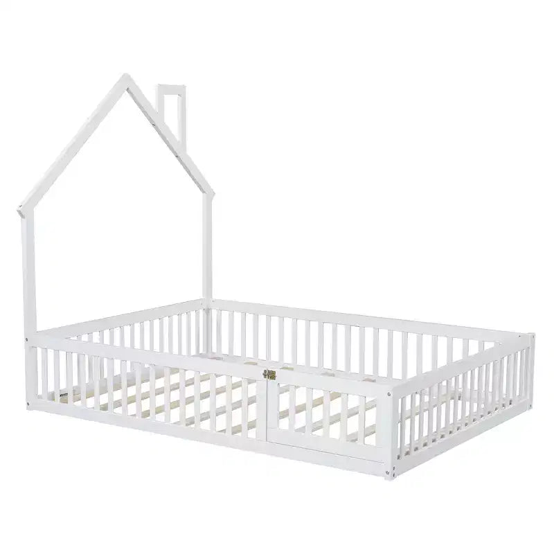 Lit plateforme en bois pleine grandeur en forme de maison avec garde-corps, cadre de lit en bois massif au sol avec tête de lit en forme de maison pour enfants