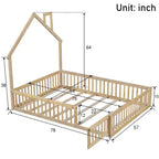 Lit plateforme en bois pleine grandeur en forme de maison avec garde-corps, cadre de lit en bois massif au sol avec tête de lit en forme de maison pour enfants