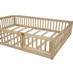 Lit plateforme en bois pleine grandeur en forme de maison avec garde-corps, cadre de lit en bois massif au sol avec tête de lit en forme de maison pour enfants