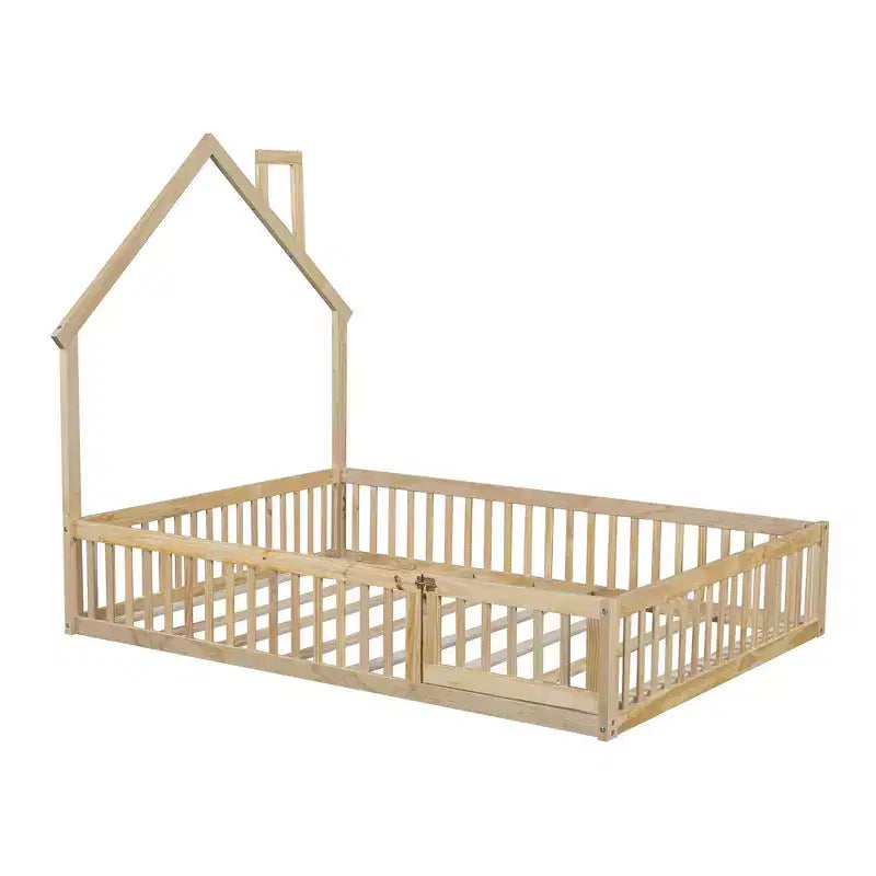 Lit plateforme en bois pleine grandeur en forme de maison avec garde-corps, cadre de lit en bois massif au sol avec tête de lit en forme de maison pour enfants