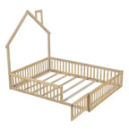 Lit plateforme en bois pleine grandeur en forme de maison avec garde-corps, cadre de lit en bois massif au sol avec tête de lit en forme de maison pour enfants
