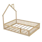 Lit plateforme en bois pleine grandeur en forme de maison avec garde-corps, cadre de lit en bois massif au sol avec tête de lit en forme de maison pour enfants