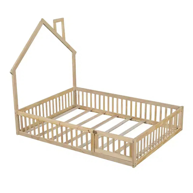 Lit plateforme en bois pleine grandeur en forme de maison avec garde-corps, cadre de lit en bois massif au sol avec tête de lit en forme de maison pour enfants