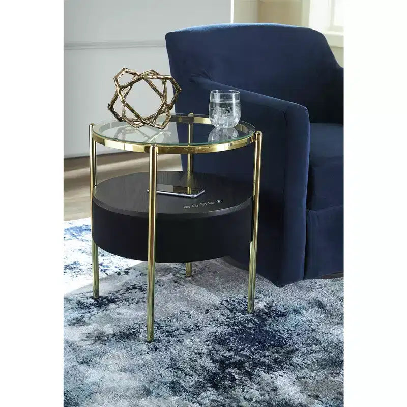 Signature Design by Ashley Nedman Table d'appoint contemporaine noire et or avec haut-parleur Bluetooth
