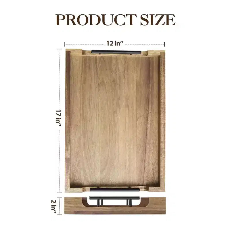 Plateau de service 17" en acacia C, plateau en bois avec poignées en métal (marron, pour table basse/bar/cuisine/salle de bain)