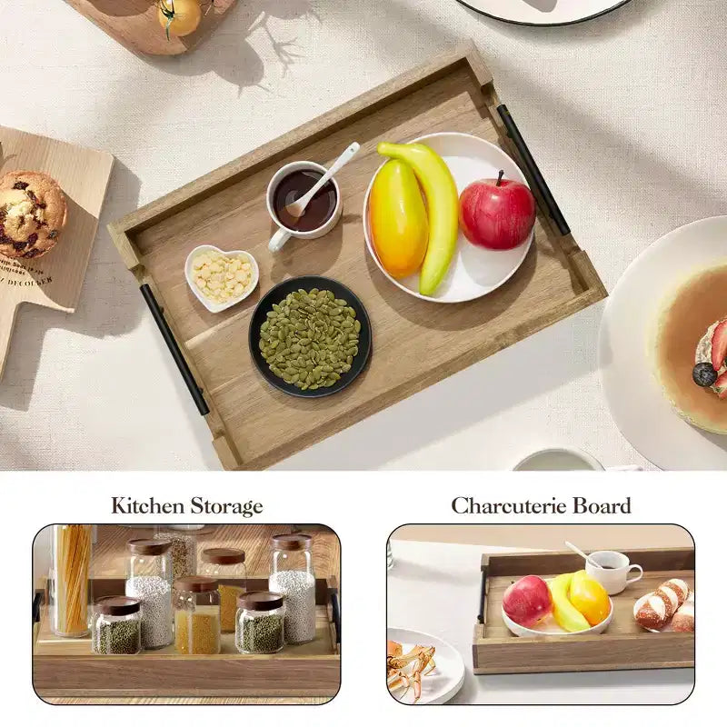 Plateau de service 17" en acacia C, plateau en bois avec poignées en métal (marron, pour table basse/bar/cuisine/salle de bain)