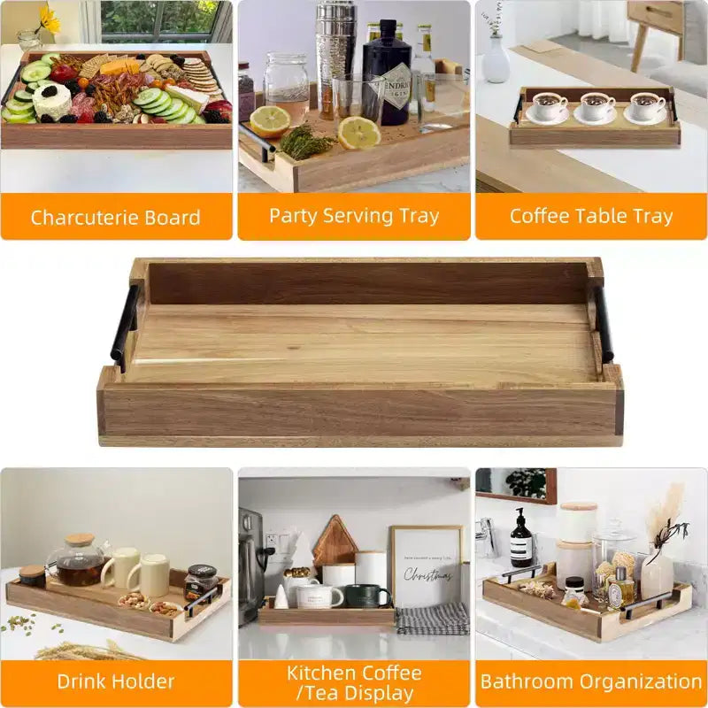 Plateau de service 17" en acacia C, plateau en bois avec poignées en métal (marron, pour table basse/bar/cuisine/salle de bain)