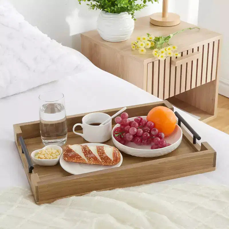 Plateau de service 17" en acacia C, plateau en bois avec poignées en métal (marron, pour table basse/bar/cuisine/salle de bain)