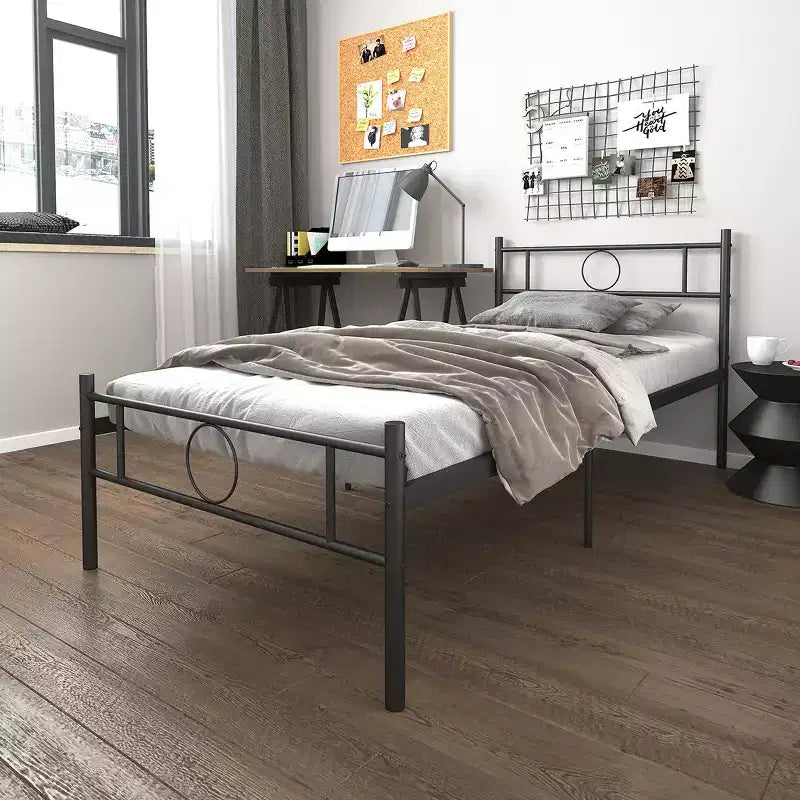 Cadre de lit double en métal FurnitureR avec tête et pied de lit, rangement sous le sommier, pas besoin de sommier tapissier, noir