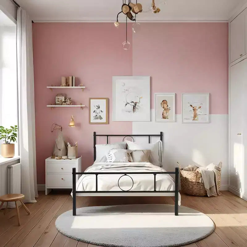 Cadre de lit double en métal FurnitureR avec tête et pied de lit, rangement sous le sommier, pas besoin de sommier tapissier, noir