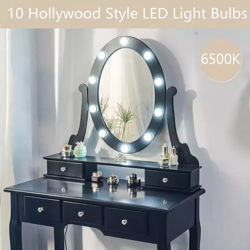 COZONY Coiffeuse avec lumières, table de maquillage en bois avec miroir ovale et tabouret, éclairage 3 couleurs, 5 grands tiroirs