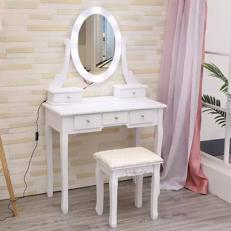 COZONY Coiffeuse avec lumières, table de maquillage en bois avec miroir ovale et tabouret, éclairage 3 couleurs, 5 grands tiroirs
