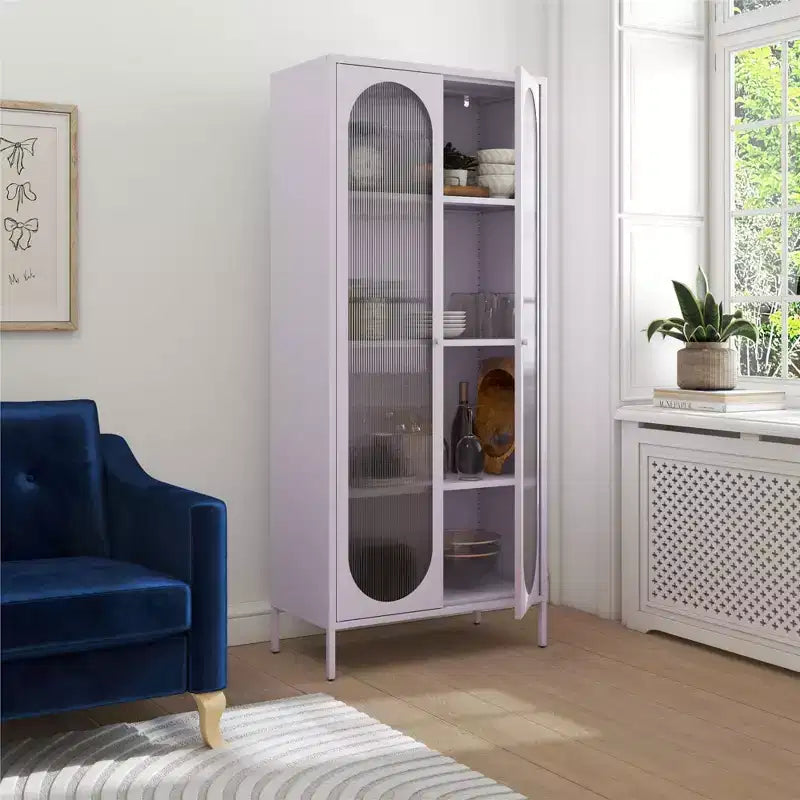 GDFStudio Charleston Armoire d'appoint haute moderne à 2 portes avec portes en verre cannelé
