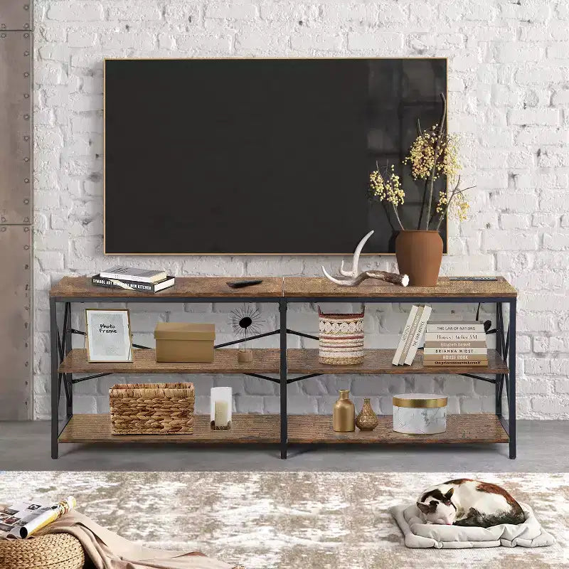 Meuble TV FurnitureR 160 cm avec lumières LED et station d'alimentation, centre de divertissement avec étagères de rangement, ports USB et prises, 178 cm, marron
