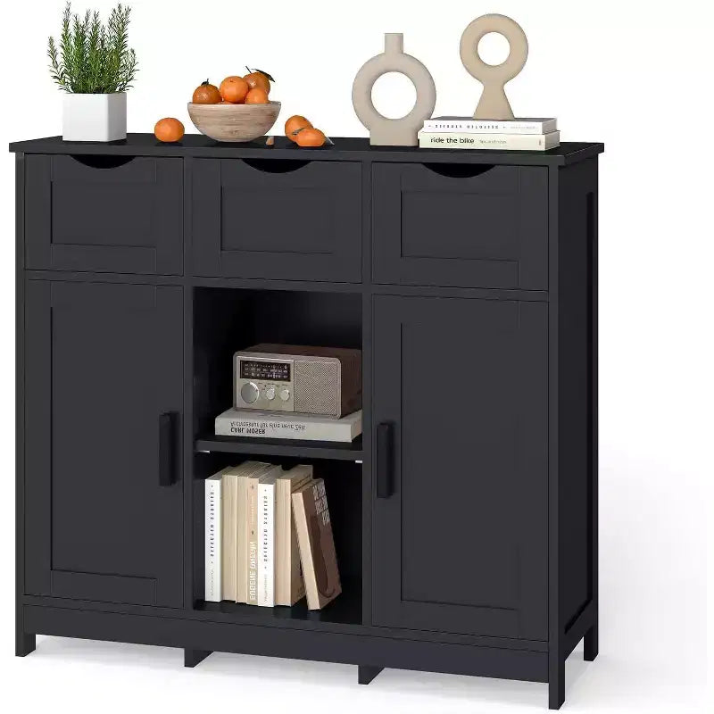 Zevemomo Buffet de ferme moderne avec tiroir et étagère réglable, armoire de rangement de cuisine et de bar à café pour salle à manger, noir