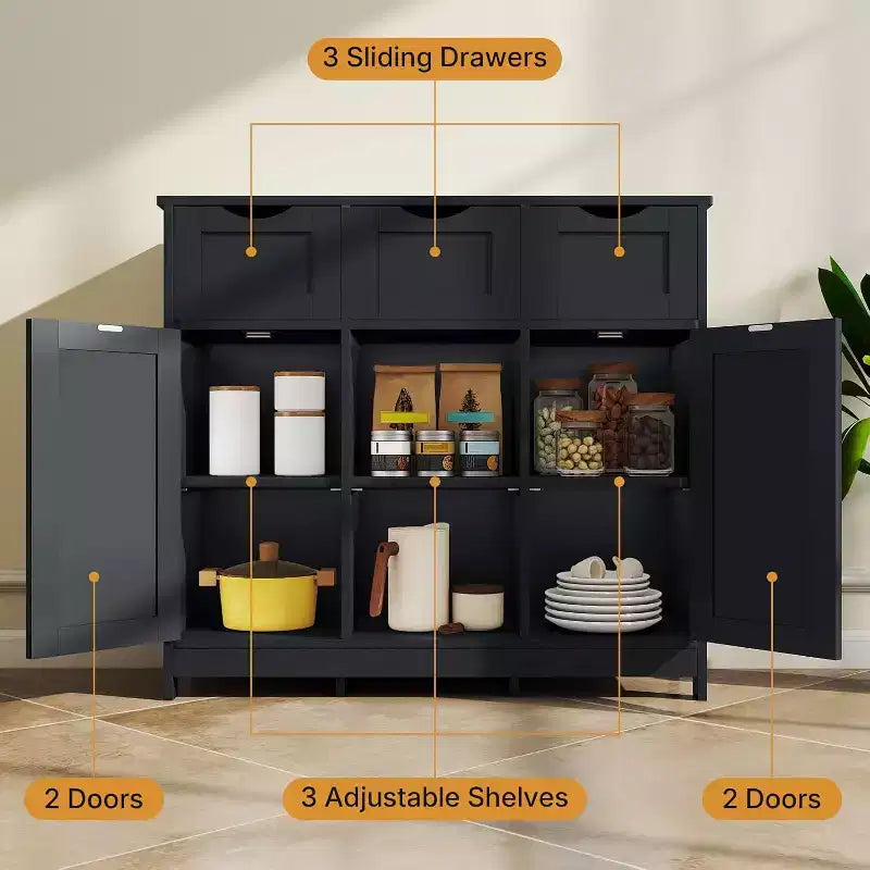 Zevemomo Buffet de ferme moderne avec tiroir et étagère réglable, armoire de rangement de cuisine et de bar à café pour salle à manger, noir