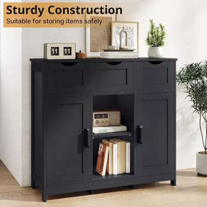 Zevemomo Buffet de ferme moderne avec tiroir et étagère réglable, armoire de rangement de cuisine et de bar à café pour salle à manger, noir