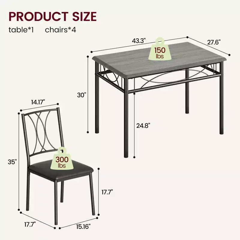 Table et chaises de cuisine pour 4 personnes, Ensemble de table à manger pour 4 avec chaises rembourrées, Ensemble de table de cuisine en métal et bois, Ensemble de table à manger rectangulaire