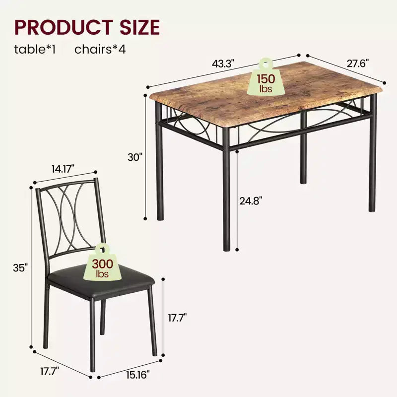 Table et chaises de cuisine pour 4 personnes, Ensemble de table à manger pour 4 avec chaises rembourrées, Ensemble de table de cuisine en métal et bois, Ensemble de table à manger rectangulaire