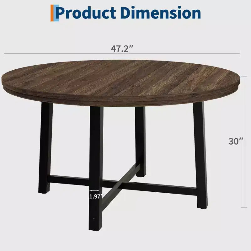 Table à manger ronde de 47" pour 4 personnes, table de salle à manger de cuisine avec cadre métallique robuste, table de cuisine ronde en bois pour un gain de place