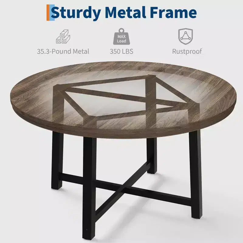 Table à manger ronde de 47" pour 4 personnes, table de salle à manger de cuisine avec cadre métallique robuste, table de cuisine ronde en bois pour un gain de place