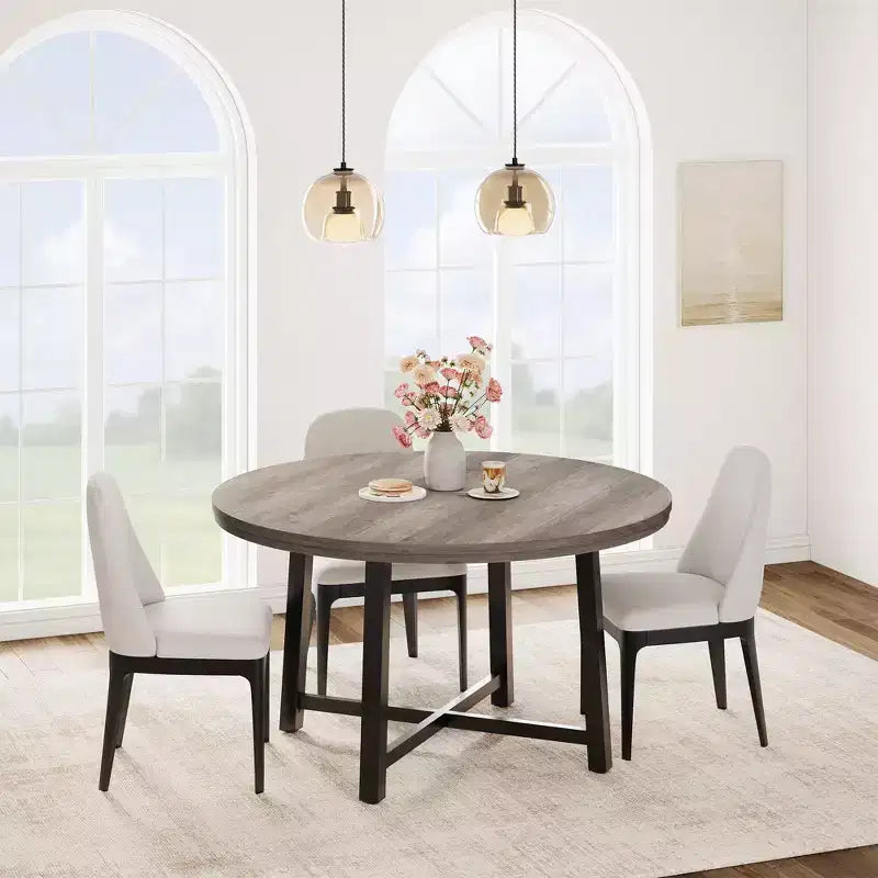 Table à manger ronde de 47" pour 4 personnes, table de salle à manger de cuisine avec cadre métallique robuste, table de cuisine ronde en bois pour un gain de place