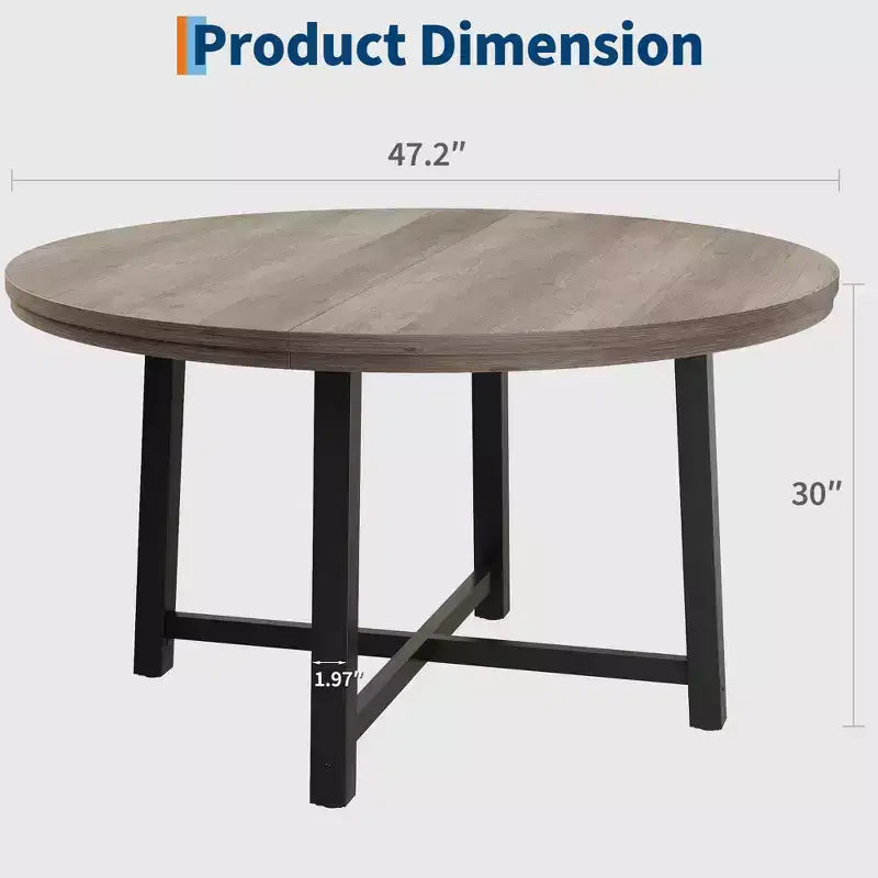 Table à manger ronde de 47" pour 4 personnes, table de salle à manger de cuisine avec cadre métallique robuste, table de cuisine ronde en bois pour un gain de place