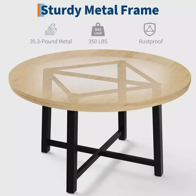Table à manger ronde de 47" pour 4 personnes, table de salle à manger de cuisine avec cadre métallique robuste, table de cuisine ronde en bois pour un gain de place