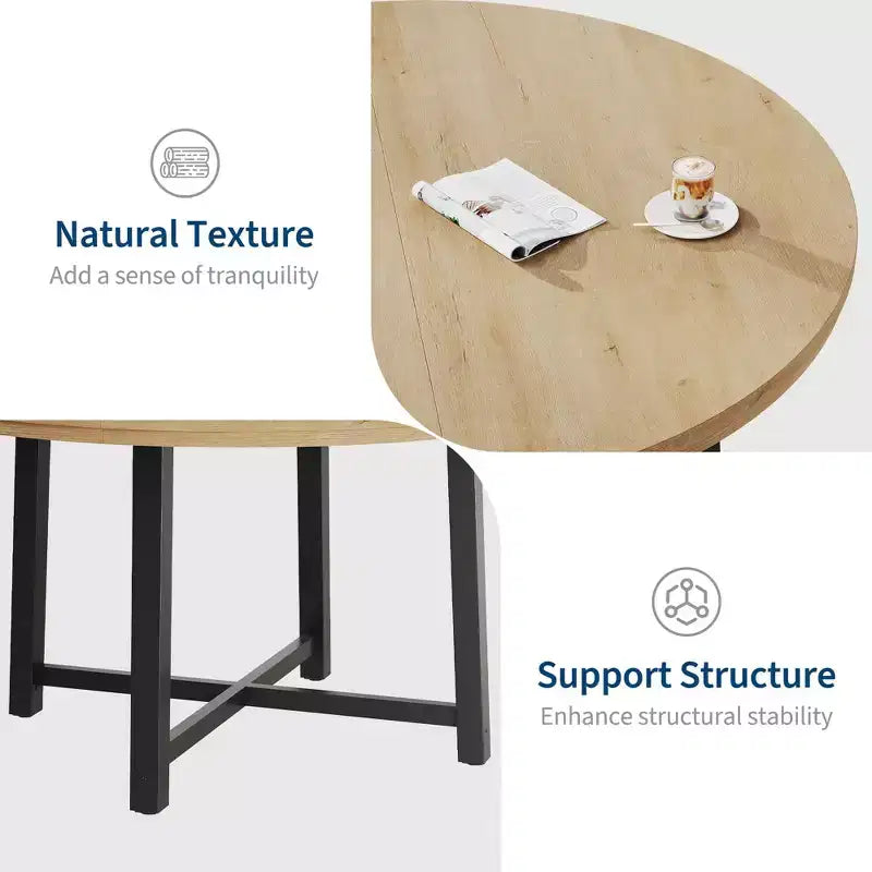 Table à manger ronde de 47" pour 4 personnes, table de salle à manger de cuisine avec cadre métallique robuste, table de cuisine ronde en bois pour un gain de place