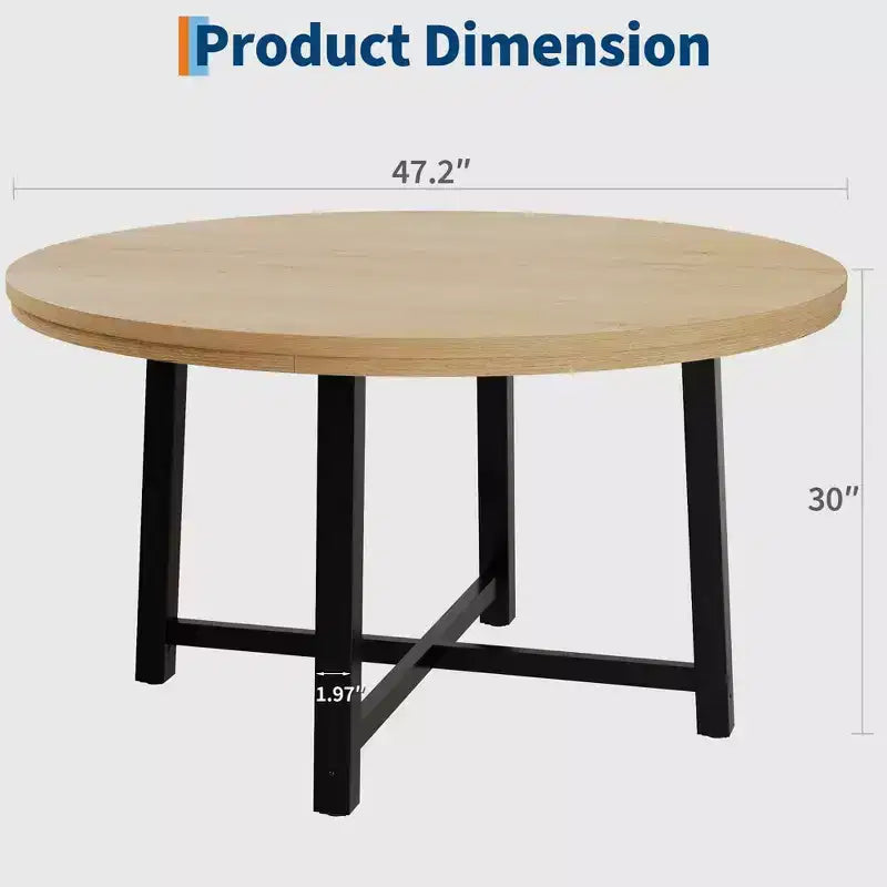 Table à manger ronde de 47" pour 4 personnes, table de salle à manger de cuisine avec cadre métallique robuste, table de cuisine ronde en bois pour un gain de place
