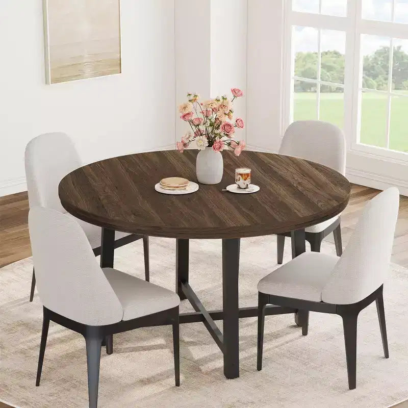 Table à manger ronde de 47" pour 4 personnes, table de salle à manger de cuisine avec cadre métallique robuste, table de cuisine ronde en bois pour un gain de place
