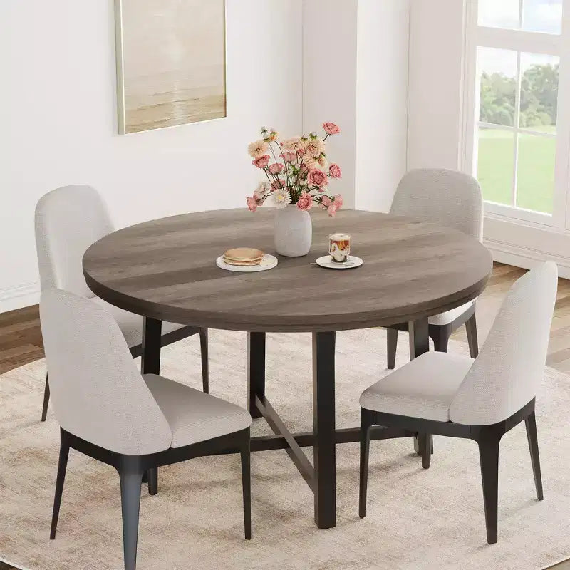 Table à manger ronde de 47" pour 4 personnes, table de salle à manger de cuisine avec cadre métallique robuste, table de cuisine ronde en bois pour un gain de place