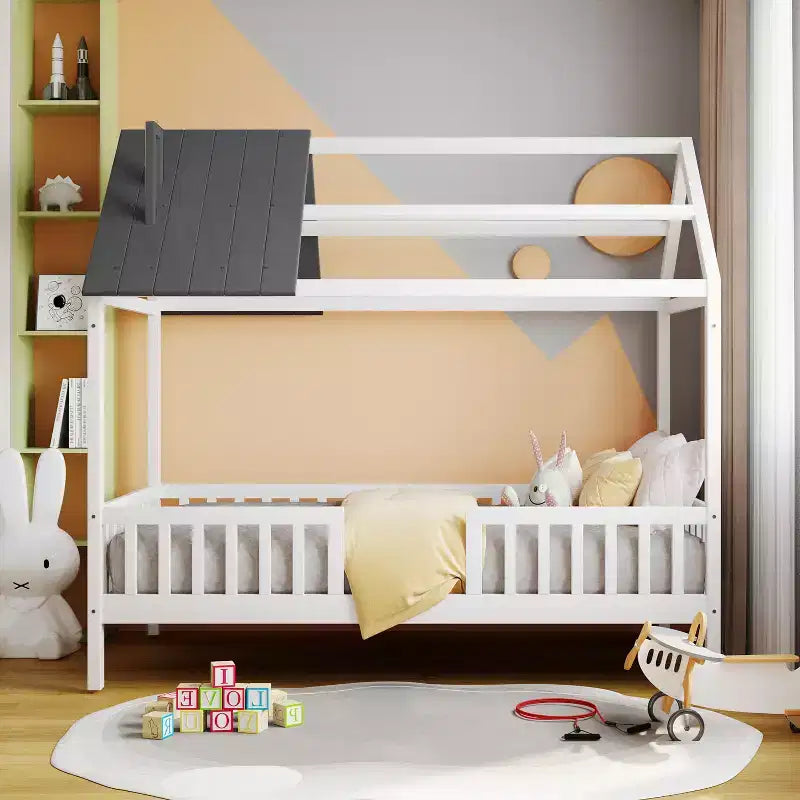 Cadre de lit en bois massif Okak taille jumelle avec preuve et clôture, lit plateforme mignon pour chambre d'enfant, chambre à coucher