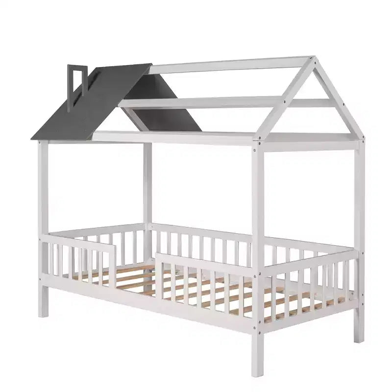 Cadre de lit en bois massif Okak taille jumelle avec preuve et clôture, lit plateforme mignon pour chambre d'enfant, chambre à coucher