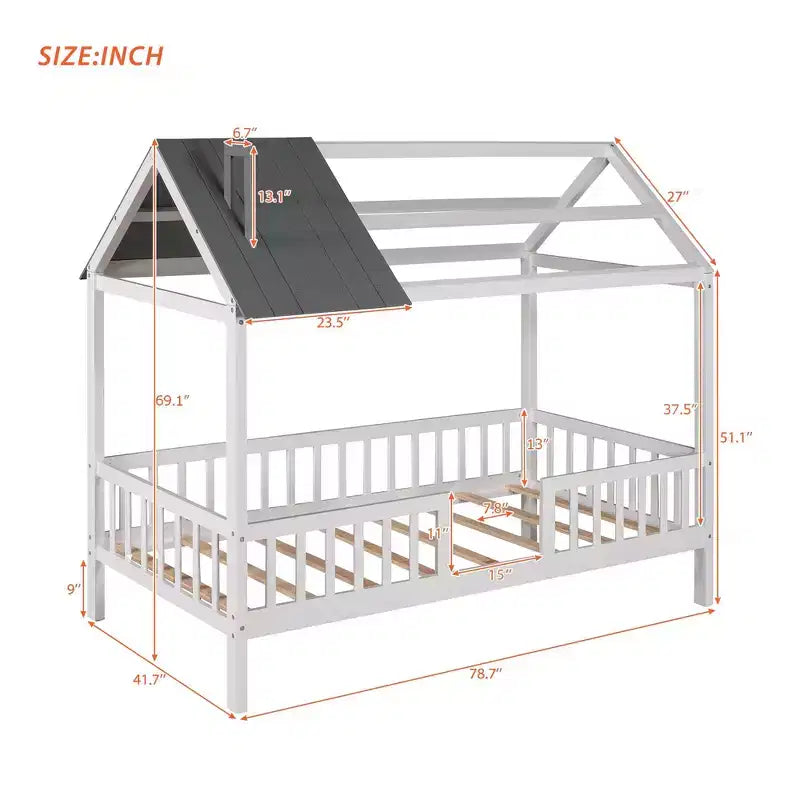 Cadre de lit en bois massif Okak taille jumelle avec preuve et clôture, lit plateforme mignon pour chambre d'enfant, chambre à coucher